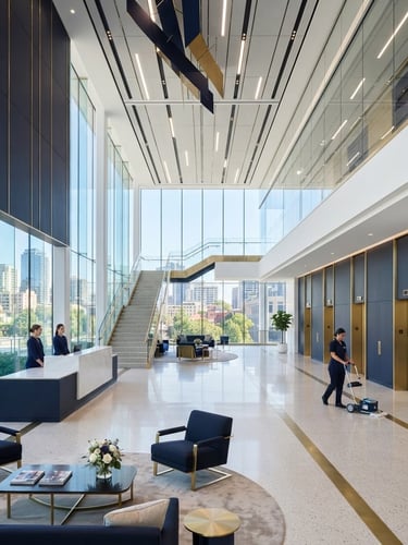 Wide panoramic view of a pristine, modern corporate lobby with high ceilings and large windows, reflecting natural light, a discreetly uniformed cleaning professional in the background, clean corporate navy and gold tones, sharp focus.