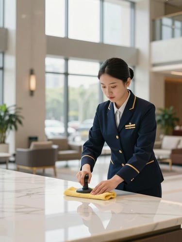 Professional cleaning team member in immaculate uniform, focused on polishing a reflective surface in a high-end corporate lobby, bright natural daylight, crisp and clean, medium shot, 35mm