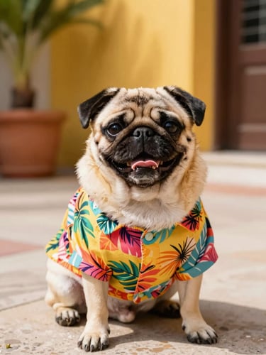 Bright cheerful pet photography, a happy pug wearing a colorful custom tropical shirt in a sunlit Mexican patio, warm daylight, shallow depth of field