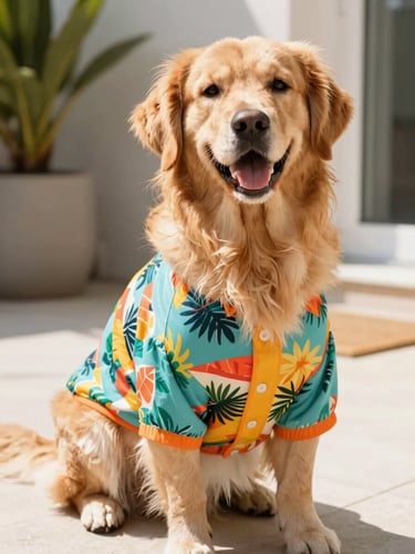 A happy, smiling golden retriever wearing a colorful tropical custom-fit shirt, sitting comfortably in a bright sunlit patio, warm natural daylight, eye-level shot.