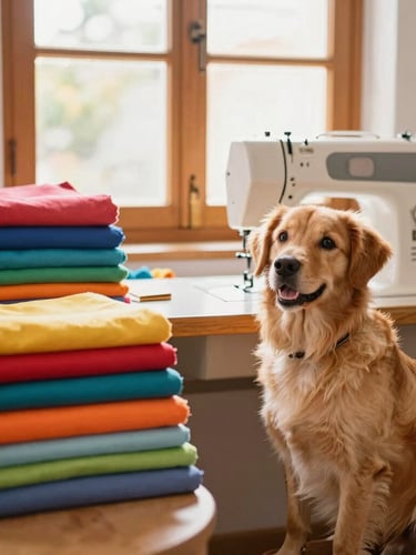 Warm indoor photography of a cozy family workshop in Celaya, colorful fabrics stacked neatly, sewing machine on a wooden table, soft golden window light