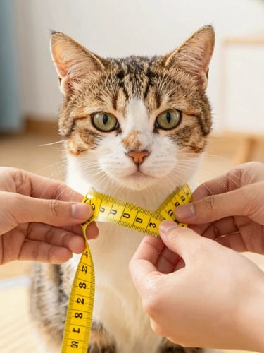 Close-up of gentle hands holding a yellow measuring tape around a calm cat's chest, soft home background, warm natural light, high texture of fabric.