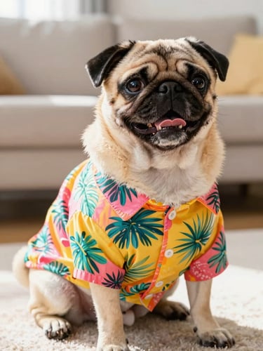 A happy, comfortable pug wearing a vibrant custom tailored tropical shirt, sitting in a bright sunlit living room, eye-level shot, warm daylight.