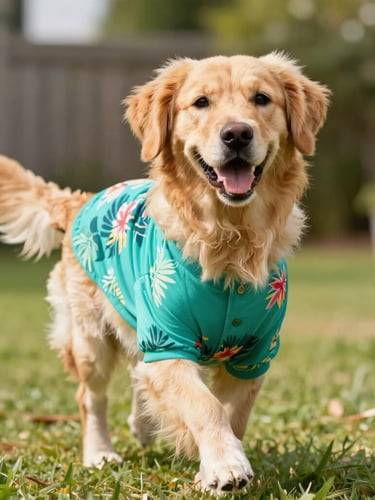 Happy golden retriever wearing a vibrant tropical teal dog shirt, running joyfully in a sunny backyard, soft focus background, warm natural daylight