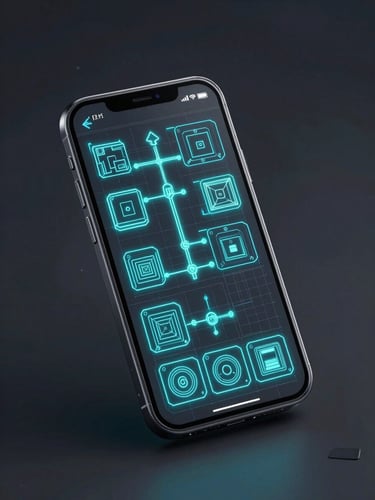 Isometric vector schematic of a mobile device interface with glowing neon cyan wireframes on an obsidian background, showcasing clean technical game design layout