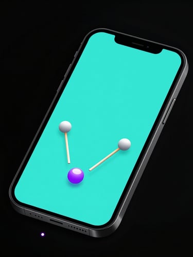 Mockup isométrico de um smartphone moderno exibindo o jogo Pong1, raquetes em vetor ciano brilhante e uma bola deixando um rastro de luz violeta sob fundo preto absoluto.