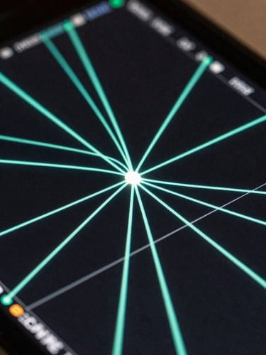 Macro-level close-up of a high-contrast mobile screen displaying game engine physics vectors, neon cyan coordinate grids, and collision paths.