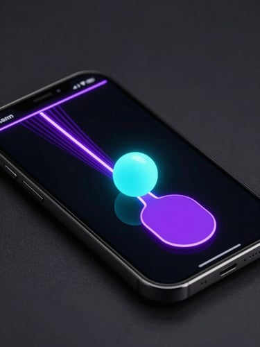 Isometric close-up of a modern smartphone running Pong1, showing a glowing neon cyan ball bouncing off a sharp electric violet paddle, vector trajectory lines, high-contrast dark room lighting.