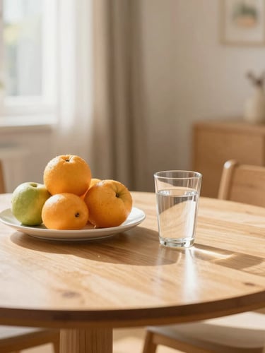 Warm environmental shot of a sunny dining table in a residential care home, with fresh fruit and a glass of water, soft natural daylight, high depth of field