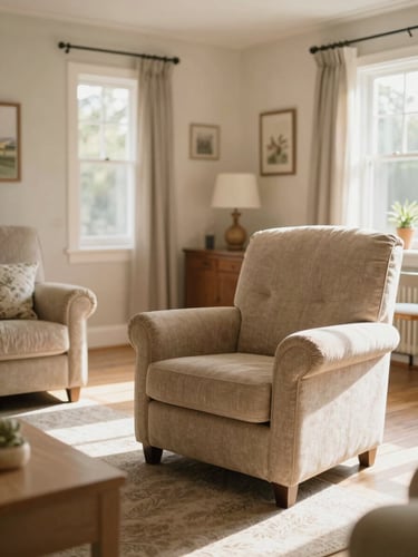Warm editorial photography of a sunlit residential care home living room, comfortable armchairs, soft natural daylight, inviting atmosphere