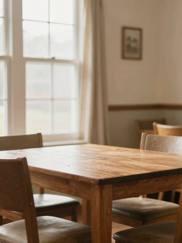 Warm editorial photography of a clean, welcoming dining area in a residential board and care home, soft natural daylight streaming through a window, gentle earth tones, high depth of field