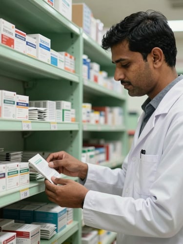 Professional Indian pharmacist in a clean white coat organizing genuine medicine packaging on well-lit green shelves, medium shot.