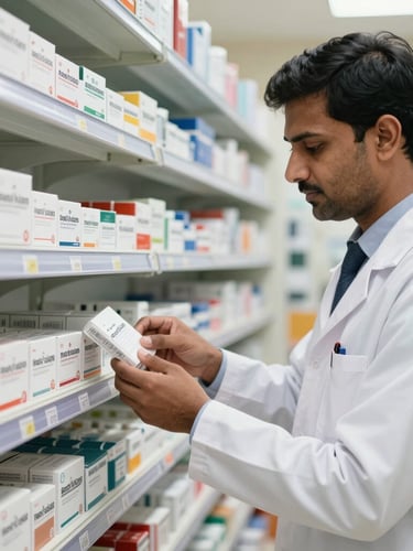 A professional Indian pharmacist in a clean white coat organizing verified medicine packages on bright, well-lit pharmacy shelves