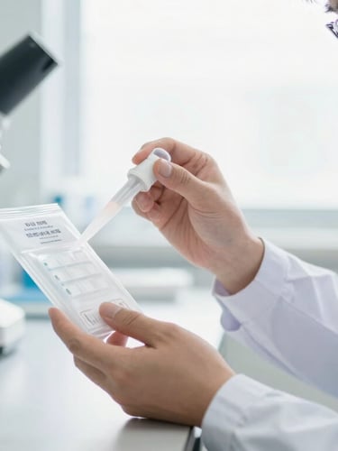 A professional lab technician in a clean white coat carefully handling a sealed sterile home collection kit under bright natural light.