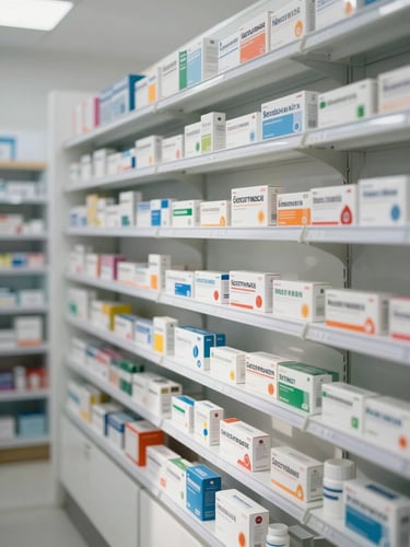 Bright, clean, well-organized pharmacy interior with white shelves stocked with genuine medicine packaging, natural daylight, professional clinical atmosphere.