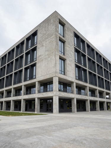 Symmetrical wide-angle architectural shot of a modern concrete and steel institutional headquarters building under overcast daylight, clean lines, high-contrast shadows