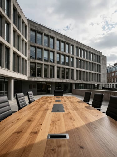 Extreme wide-angle architectural shot of a brutalist corporate boardroom in London, overcast daylight casting sharp shadows on a heavy oak table, minimalist and authoritative.