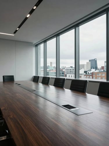 An extreme wide-angle view of a stark, modern corporate boardroom in London, overcast daylight filtering through floor-to-ceiling windows, sharp steel and dark oak textures.