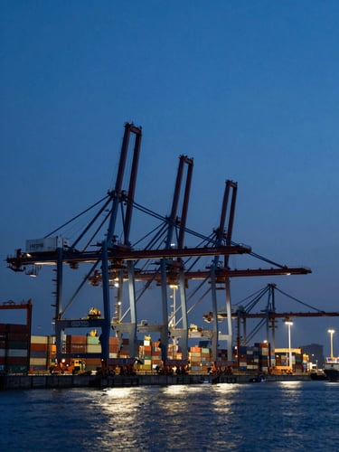 Extreme wide-angle environmental photograph of a deep-water container terminal at dusk, towering gantry cranes silhouetted against a dark blue sky, razor-sharp industrial lines