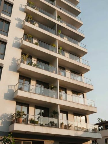 Wide-angle eye-level shot of a modern Indian residential building exterior, warm afternoon sun, clean contemporary architecture, balconies with green potted plants.