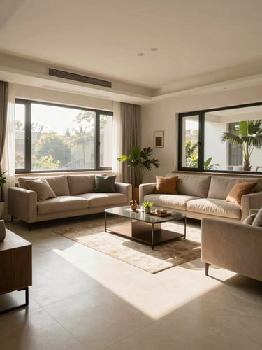 Wide-angle interior shot of a modern Indian living room with warm morning sunlight streaming through large windows, clean tiled floors, minimal contemporary furniture, bright and inviting atmosphere.