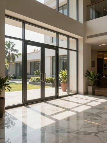 Clean modern residential lobby in Bangalore, natural sunlight streaming through glass doors, polished marble floor