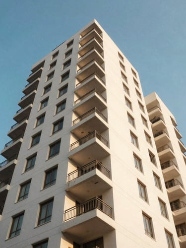 Wide-angle bright daylight shot of a modern apartment building facade in Mumbai, clean geometric balconies, clear blue sky, warm morning sun.