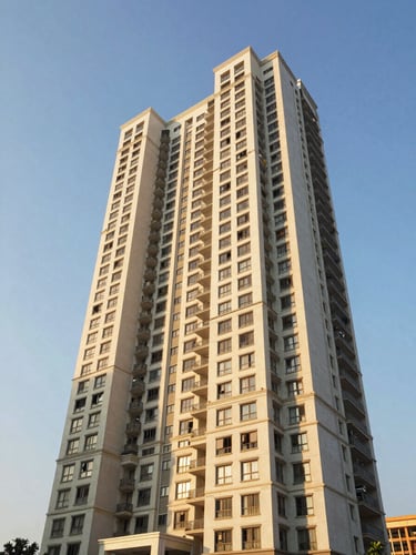 Bright modern high-rise residential apartment building in Mumbai, warm morning sunlight, blue sky background, wide-angle eye-level shot