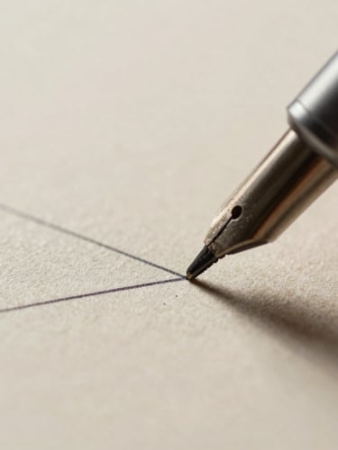 Macro shot of an ink pen tip meeting textured paper, creating a precise architectural line, natural side-lit daylight, crisp ink details, shallow depth of field.