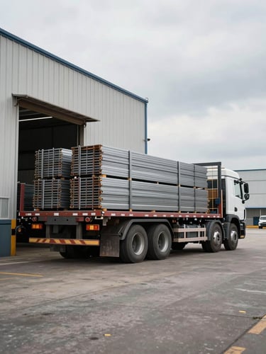 Wide shot of a heavy-duty flatbed truck backed up to a commercial loading dock, stacked sorted scrap metal visible in the bed, overcast daylight, warehouse wall to the left, wide environmental framing showing operational scale