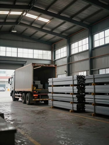 Wide warehouse interior shot from ground level, a heavy-duty truck backed up to a loading dock, sorted scrap metal stacked in organized batches to the right, overcast ambient lighting through high industrial windows, no people visible