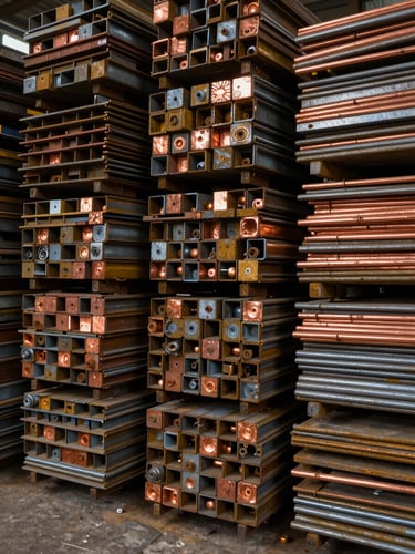Close-up of stacked and sorted scrap metal at a loading area, mixed ferrous and copper material in organized batches, warehouse ambient lighting, industrial floor visible at the bottom edge