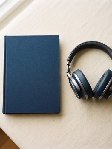 Minimalist book cover lying next to sleek modern headphones on a warm cream surface, soft natural window light, shallow depth of field, flatlay composition