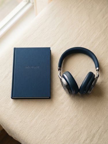 Flatlay of a minimalist book cover next to sleek modern headphones on a warm cream linen surface, soft natural window light
