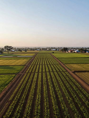 Vue aérienne panoramique d'une concession agricole structurée dans le Bassin du Congo, délimitée par des lignes géométriques parfaites de cultures sous la lumière dorée du matin.