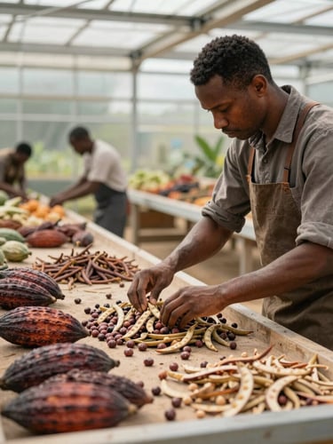 Gros plan d'un agronome en tenue professionnelle analysant des fèves de cacao fraîches sous une serre de séchage moderne en RDC, lumière naturelle précise.