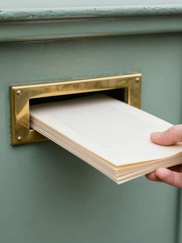 Close-up of a hand delivering a heavy paper booklet into a brass letterbox of a traditional English home, soft natural daylight, 35mm.