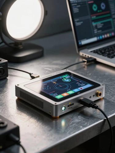 Close-up wide shot of a custom embedded device on a steel workbench, its screen displaying live software telemetry, a USB cable running to a laptop in the background, sharp studio strobe lighting from the upper left, technical depth of field