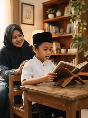 Anak SD laki-laki atau perempuan sedang membaca Al-Qur'an di ruang belajar modern dengan rak buku kayu, tanaman hijau, pencahayaan hangat, bimbingan lembut orang tua di latar belakang, shallow depth of field.