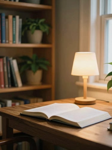 A quiet warm study room with wooden bookshelves, a soft incandescent lamp lighting an open journal, green indoor plants, warm atmosphere, shallow depth of field, 35mm