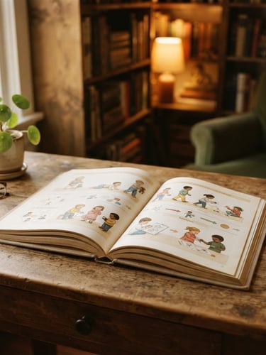 Buku kurikulum sekolah terbuka di meja kayu dengan tanaman hijau dan pencahayaan hangat, fokus pada halaman yang menunjukkan fase perkembangan anak, suasana perpustakaan pribadi yang tenang.