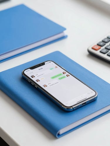 A close-up of organized blue folders on a white desk, a smartphone showing a secure chat interface, and a professional calculator, sharp focus, bright corporate daylight.