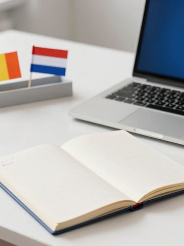 A clean, bright workspace with a modern laptop, an open notebook with neat handwriting, and subtle Romanian and Dutch flag pins on a desk organizer, warm daylight, corporate blue and orange accents, 35mm.