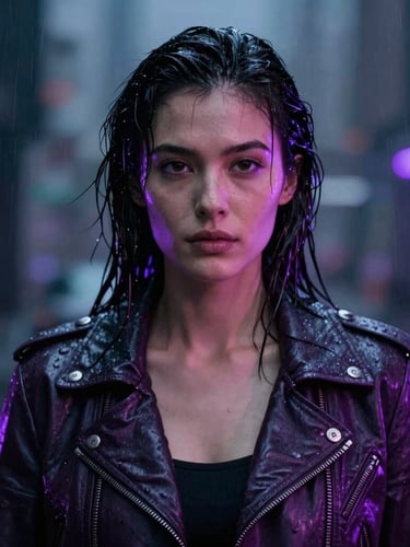 Cinematic portrait of a woman in a dark leather jacket, rain-slicked hair, illuminated by sharp neon-violet backlighting against an obsidian urban backdrop.