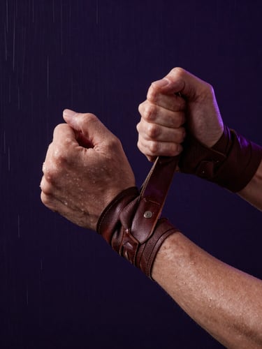 Low-key chiaroscuro portrait of a woman's hands wrapping leather combat tape around her knuckles, deep violet backlighting, rain-slicked background.