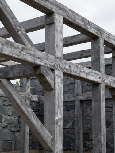 Detailed architectural photography of active timber framing, desaturated slate and charcoal tones, sharp focus, crisp natural daylight, 35mm lens