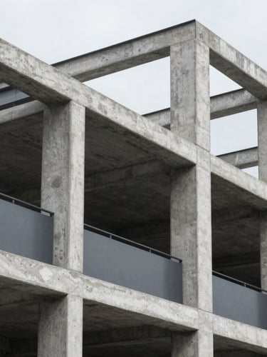 Architectural detail of concrete and steel framing of a modern building under crisp natural overcast daylight, sharp focus, 35mm lens