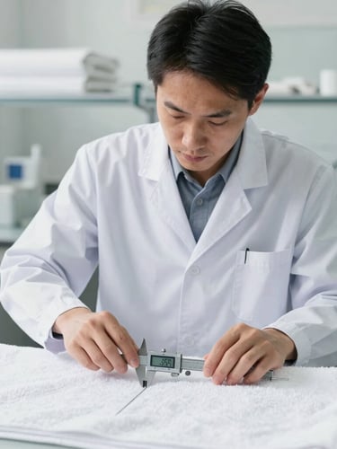 Straight-on medium shot of a professional quality inspector in a bright, clean textile lab, using a digital caliper to measure the hem of a white terry towel, neutral daylight