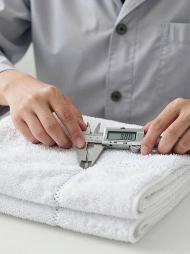 A professional quality inspector in a neutral gray uniform using digital calipers to measure the hem stitching of a folded white cotton towel, bright clinical daylight, macro detail.