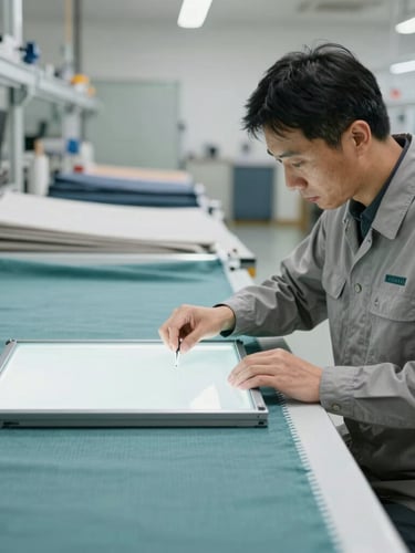 A quality inspector in a neutral-toned uniform checking fabric alignment against a light box on a clean, organized factory floor, sharp focus